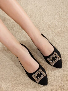 Clariva Pointed Toe Flat Women's Shoes, Suggest Ordering 0.5 Size Up If Feet Tend To Get Squeezed. Women's Rhinestone Square Buckle Pointed/Round Toe Flat Shoes - Lightweight & Comfortable, Suitable For All Seasons, Versatile, Elegant & Charming - Sparkling Rhinestones, Classic & Timeless Gifts - Black-diamond - View 3