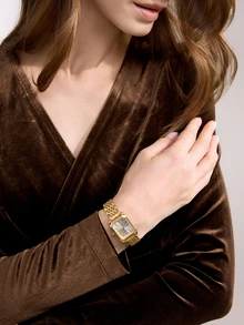 Clariva 1pc Women's Elegant Stainless Steel Strap Square Dial Classic Luxury Quartz Wrist Watch, (Without Watch Box) Gifts - Gold - View 4