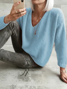 Women's Simple Solid V-Neck Loose Slimming Casual Pullover Long Sleeve Sweater, Autumn/Winter - Blue - View 3