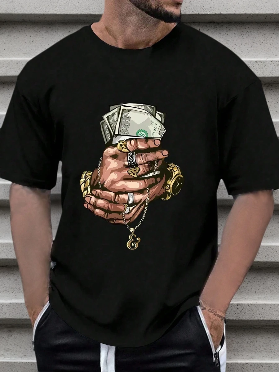Men Dollar & Hand Print Drop Shoulder Tee - Black - View 1