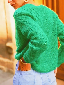 Elegant Women's V-Neck Long Sleeve Cardigan Sweater, Button Design, Casual Style, Suitable For Daily Wear - Early Autumn Solid Color Polyester Ribbed Button Cable Knit Women Sweater Cardigan, Spring/Autumn - Mint Green - View 2