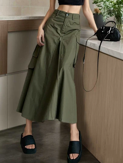 2025秋冬时尚日常户外街头通勤复古风多口袋拉链女裙，休闲日常穿着，适合冬季、圣诞节、新年派对、优雅女士装扮、夏季、情人节，绿色裙子