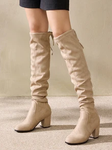 Clariva 经典女士卡其色过膝长靴，秋冬时尚弹力面料粗跟圆头后系带长靴，圣诞礼物