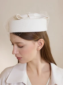 Clariva 1件装 空姐优雅英伦风蝴蝶结网纱蕾丝羊毛帽 女士礼帽 成熟女性服装搭配 温柔白色帽子 婚礼配饰 圣诞礼物 - 彩色 - 查看 2