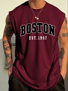 Men's Casual Simplistic Printed Tank Top, Suitable For Daily Wear