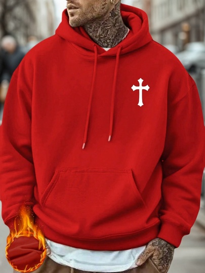 Men's Casual Minimalist Cross Print Drawstring Hooded Sweatshirt, Back To School, Fall Winter, Long Sleeve Top
