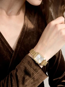 Clariva 1pc Women's Elegant Stainless Steel Strap Square Dial Classic Luxury Quartz Wrist Watch, (Without Watch Box) Gifts - Gold - View 2