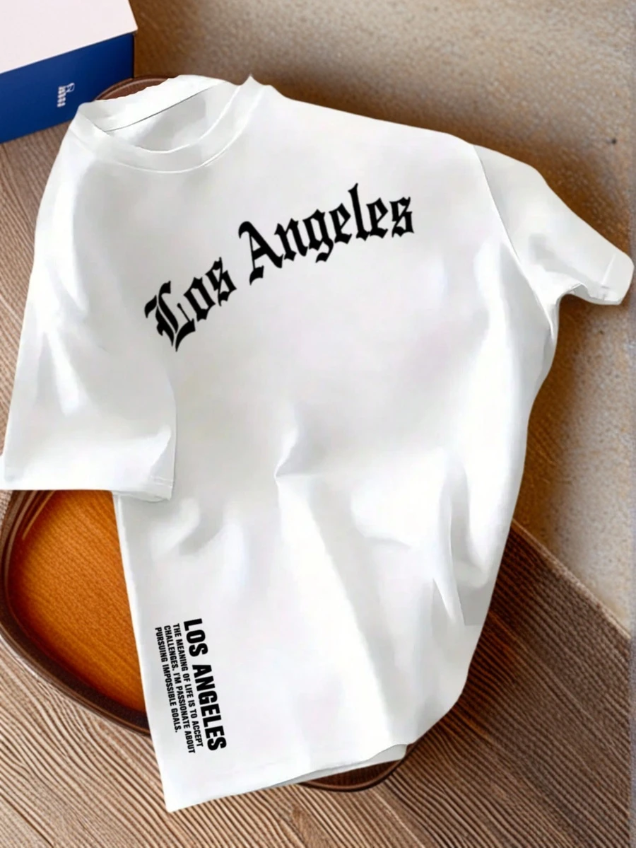 Áo thun tay ngắn in khẩu hiệu Los Angeles cá nhân hóa dành cho nam, vải thoáng khí thoải mái, dành cho mùa hè - trắng - Xem 1