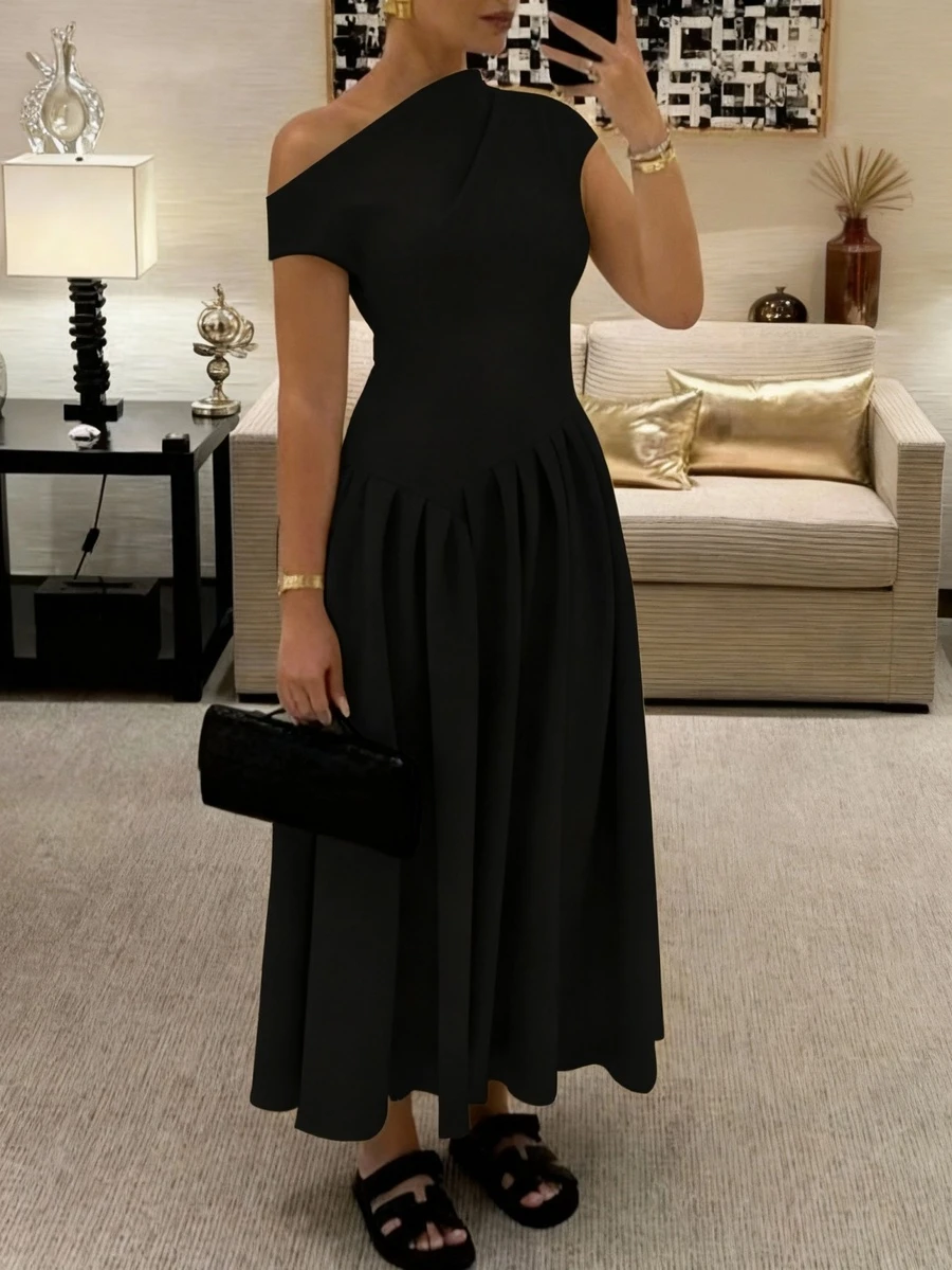 Đầm dài dáng chữ A SMILE CHIC dành cho nữ, cổ áo bất đối xứng thanh lịch, không tay, chi tiết xếp ly, chất liệu vải dệt có độ co giãn nhẹ, phù hợp cho kỳ nghỉ và mặc hàng ngày, màu đen mùa hè. - màu đen - Xem 1