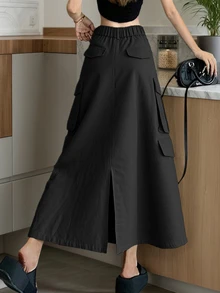 Váy nữ thời trang Thu Đông 2025 phong cách retro nhiều túi có khóa kéo, thích hợp mặc hàng ngày, đi làm, dạo phố, mùa đông, Giáng sinh, tiệc năm mới, thanh lịch, mùa hè, ngày Valentine, màu đen. - màu đen - Xem 3