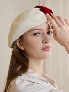 Clariva 1顶优雅羊毛混纺蝴蝶结贝雷帽，秋冬圣诞礼物 - 白色 - 查看 5