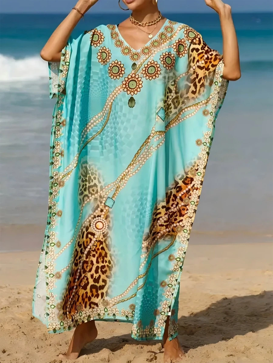 Bata de mujer de talla grande con estilo bohemio, vestido con estampado de leopardo y paisley con cuello en V - Multicolor - Ver 1