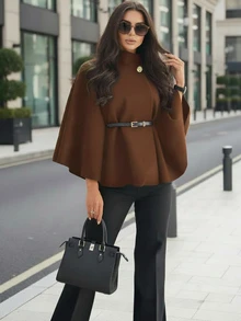A Fashionable And Elegant Solid-Colored Short Coat (With A Three-Quarter Or Four-Quarter Sleeve, Women's Winter Style, With A Shawl-Like Appearance, Featuring A Lacing Design, Suitable For Work, Dates, Shopping, And Going Out. Applicable To Various Occasions. - Brown - View 1