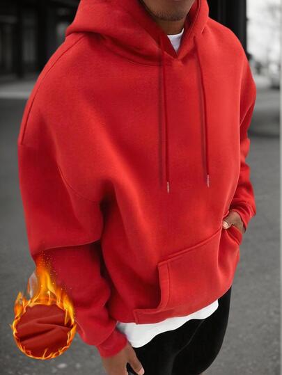 男士纯色落肩长袖抽绳口袋休闲连帽衫，秋冬季，返校季