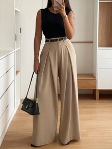 SMILE CHIC 女士夏季褶皱阔腿休闲高腰裤，适合约会、通勤，轻盈透气面料，百搭日常穿着，适合各种体型（不含腰带）春季 - 卡其色 - 查看 1