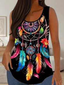 Summer New Plus Size Women's Fashionable Colorful Dreamcatcher Print Tank Top, Street Style Casual - Multicolor - View 1