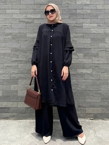 女士优雅休闲纯色纽扣设计长款外套，灯笼袖搭配阔腿裤套装，时尚休闲优雅可爱阿拉伯风格长款连衣裙两件套，适合春、夏、秋、冬三季穿着。 - 黑色 - 查看 3