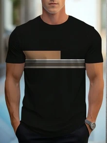 男士夏季条纹图案印花休闲圆领短袖 T 恤