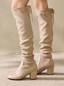 Clariva 经典女士卡其色过膝长靴，秋冬时尚弹力面料粗跟圆头后系带长靴，圣诞礼物