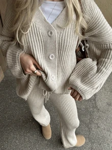 2pcs Women's Casual Knit Cardigan Sweater And Flare Pants Set, Slightly Stretchy, Warm And Comfortable, Autumn - Apricot - View 2