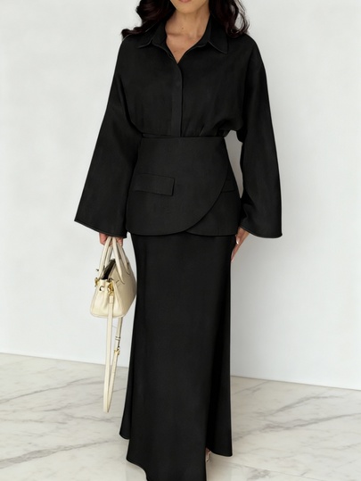 3pcs Women's Elegant Commuter Outfit: Solid Color Front Open Flare Sleeve Shirt, Faux Pocket Decor Belted Waist Pencil Skirt, Autumn/Winter