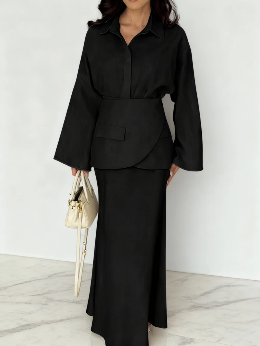 3pcs Women's Elegant Commuter Outfit: Solid Color Front Open Flare Sleeve Shirt, Faux Pocket Decor Belted Waist Pencil Skirt, Autumn/Winter - Black - View 1