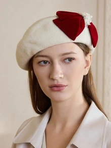 Clariva 1顶优雅羊毛混纺蝴蝶结贝雷帽，秋冬圣诞礼物 - 白色 - 查看 4