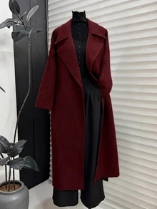 SMILE CHIC Wine Red Lapel Long Coat With Pockets And Belt - Burgundy - View 1
