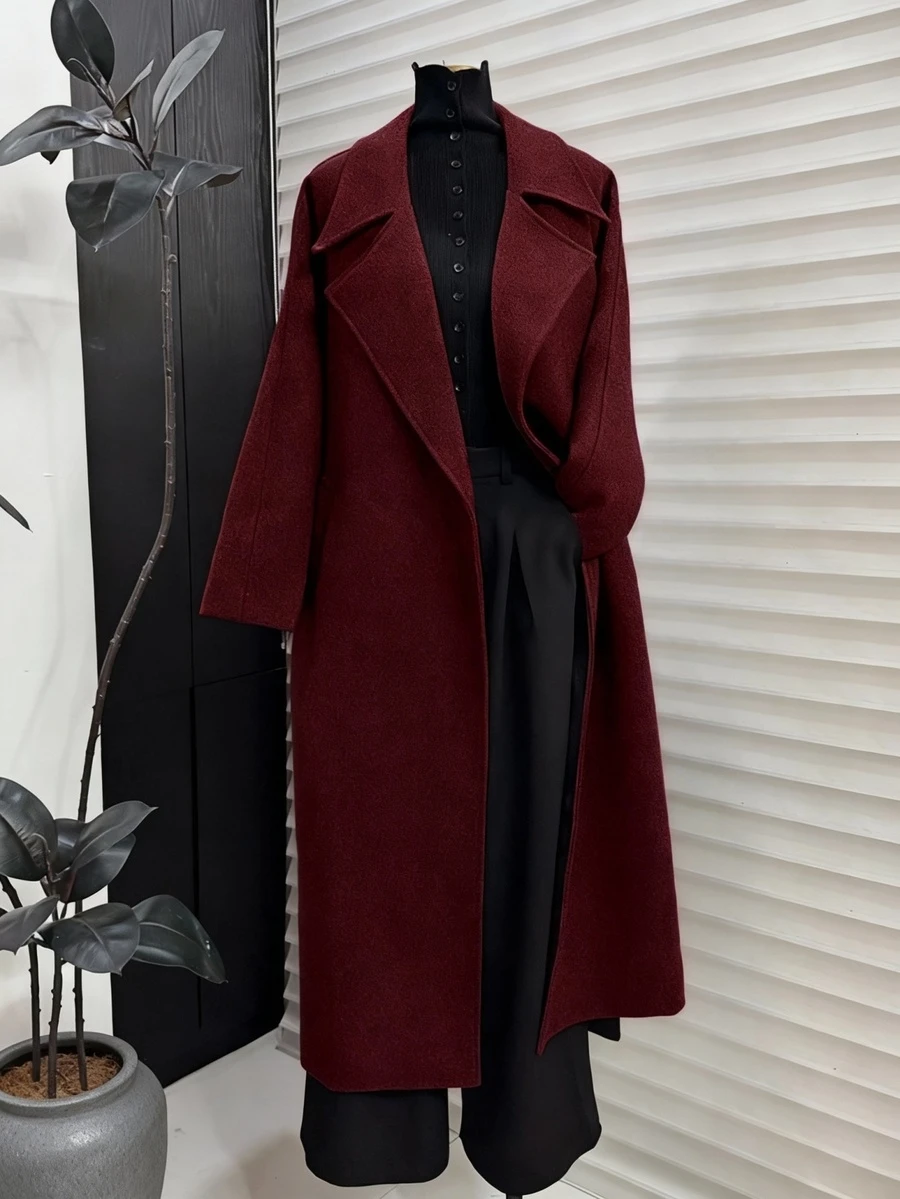 SMILE CHIC Wine Red Lapel Long Coat With Pockets And Belt - Burgundy - View 1