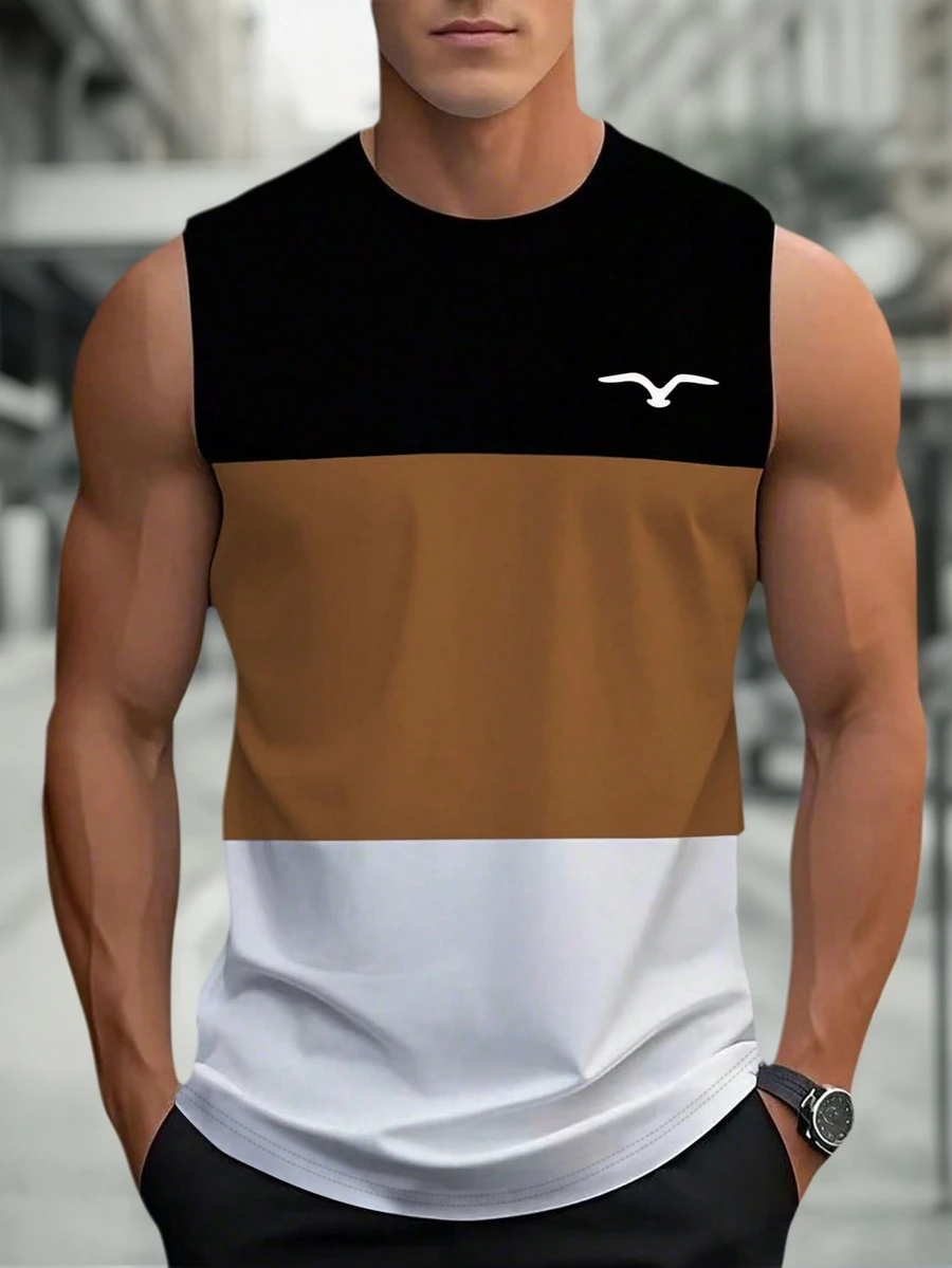 男士夏季印花圆领休闲无袖背心 - 卡其色 - 查看 1