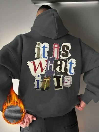 Herr höst/vintermärke rolig collagebokstäver patchwork huvtröja, perfekt kombination av mode och funktion, långärmad topp