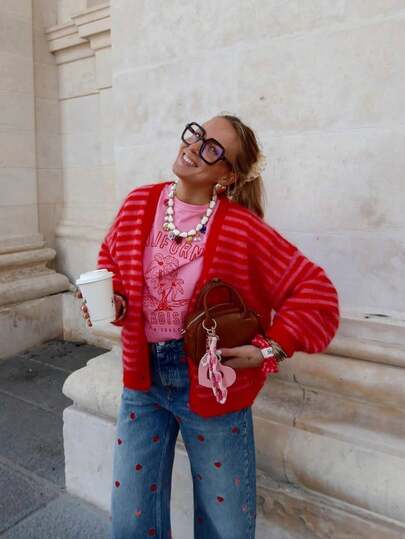 Women Striped Long Sleeve Cardigan, Casual Chic Buttoned Dropped Shoulder Sweater, Suitable For Autumn And Winter