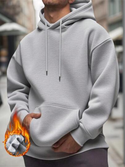 Herr enfärgad huvtröja med nedsänkta axelband och långärmad dragsko och fickor, lämplig för höst/vinter och skolstart | Lager på lager rekommenderas