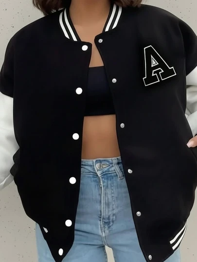 Women's Black & White Contrast Color Baseball Jacket, Letter Embroidery Accent, American Style