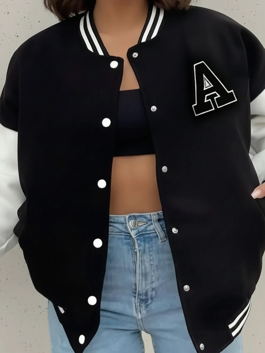 Women's Black & White Contrast Color Baseball Jacket, Letter Embroidery Accent, American Style - Black - View 1
