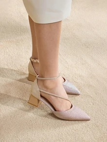 Clariva 秋冬季女士高跟水钻装饰套脚鞋，百搭优雅的圣诞礼物 - 粉色 - 查看 4