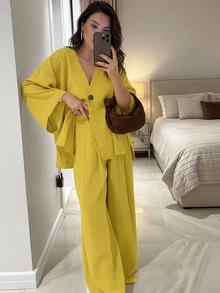 女士优雅两件套，深V领长袖衬衫带口袋，松紧腰长裤，前短后长裤脚，轻薄舒适休闲宽松两件套，适合所有季节。 - 黃色 - 查看 2
