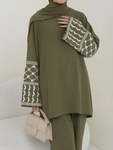 女士两件套宽松套装，2026春夏款，几何刺绣图案袖口设计 | 中东优雅两件套，时尚斋月长袍套装，优雅阿拉伯服饰 - 軍綠色 - 查看 2