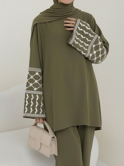 2 Pieces Loose Suit For Women, Spring/Summer 2026, Geometric Embroidery Pattern Cuff Design | Middle Eastern Elegant 2 Pieces Set, Fashionable Ramadan Robe Suit, Graceful Arabic Outfit
