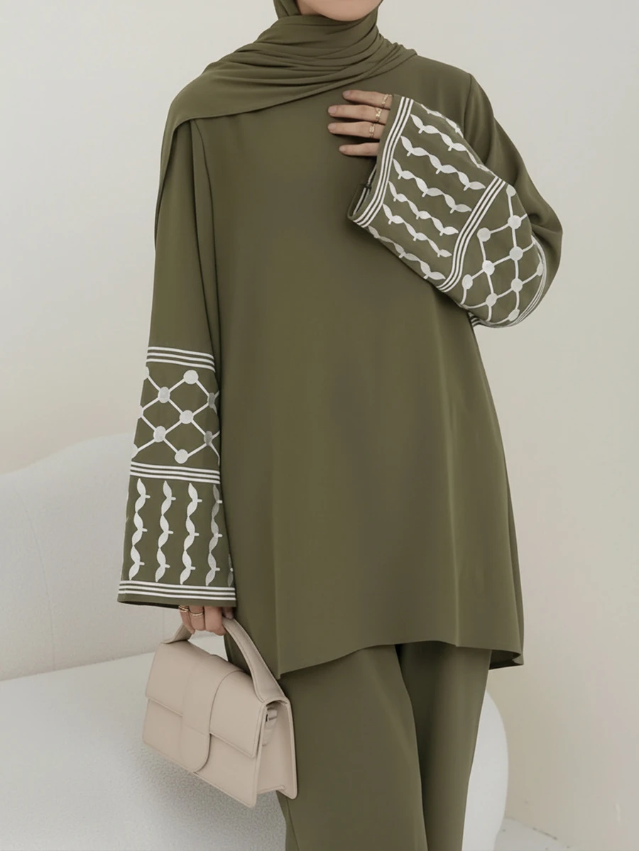 女士两件套宽松套装，2026春夏款，几何刺绣图案袖口设计 | 中东优雅两件套，时尚斋月长袍套装，优雅阿拉伯服饰