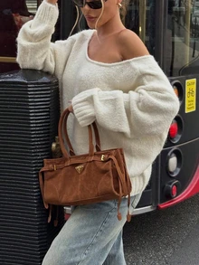 女士休闲落肩长袖纯色罗纹针织衫，适合居家和日常穿着，秋冬白色 - 白色 - 查看 3