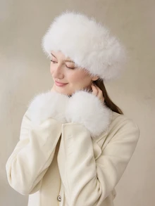Clariva 2pcs Set Solid Color Acrylic Fuzzy Beanie Hat And Cuffs, Fluffy Trim, Warm For Autumn Winter Winter Accessories Winter Outfits Gifts - A - View 3