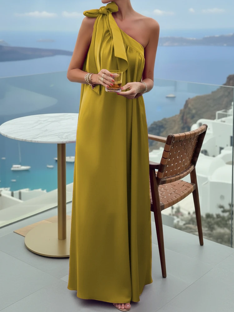 Vestido Longo Elegante de Uma Manga, Cor Sólida, Verão - Amarelo mostarda - Visão 2