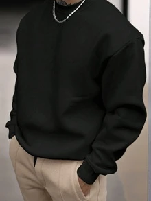 男士百搭圆领卫衣，简约设计，休闲百搭，适合叠穿，日常轻便穿着，春秋季 - 黑色 - 查看 2