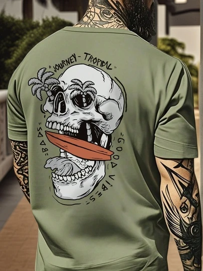 Men's Casual Round Neck Short Sleeve T-Shirt With Letter & Skull Print, Summer