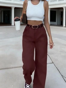 Quần tây ống đứng cạp cao kiểu vintage SMILE CHIC PETITE dành cho học sinh, chất liệu nhẹ, thoáng khí, dáng rộng, ôm sát, phù hợp cho đi làm mùa xuân/hè hoặc mặc hàng ngày mùa thu. - Đỏ - Xem 2