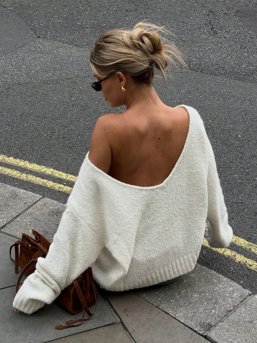 女士休闲落肩长袖纯色罗纹针织衫，适合居家和日常穿着，秋冬白色 - 白色 - 查看 1