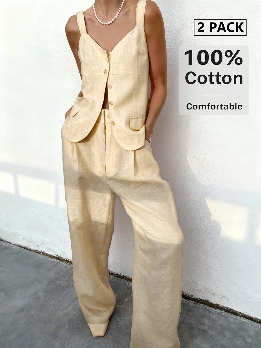 2025 Autumn Women's Understated Luxury Outfit: Inspired By Soft Pink - Sleeveless Cardigan Shirt And Wide-Leg Pants, Breathable Business Casual Linen Blend Fabric, Suitable For Holidays, Brunch, Office Style, Cruise Vacations, And An Ideal Choice For Teachers - Apricot - View 1