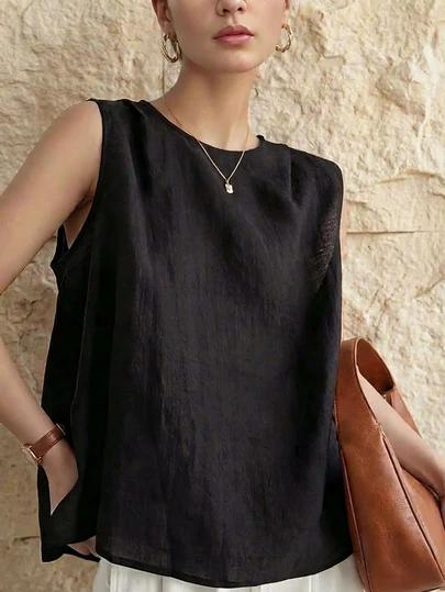 女式休闲纯色无袖时尚设计背心，夏季