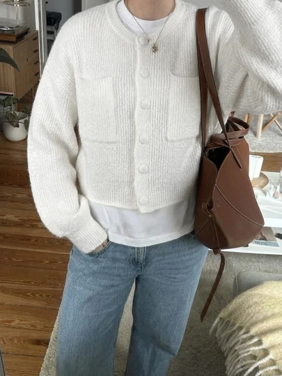 女士时尚开衫宽松针织短外套柔和奶油风格秋冬新品